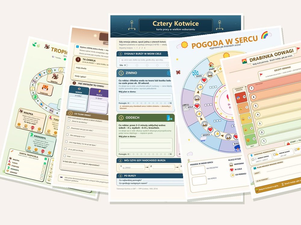 Zestaw 98 materiałów terapeutycznych — przykładowe karty pracy, plansze i gry gotowe do druku